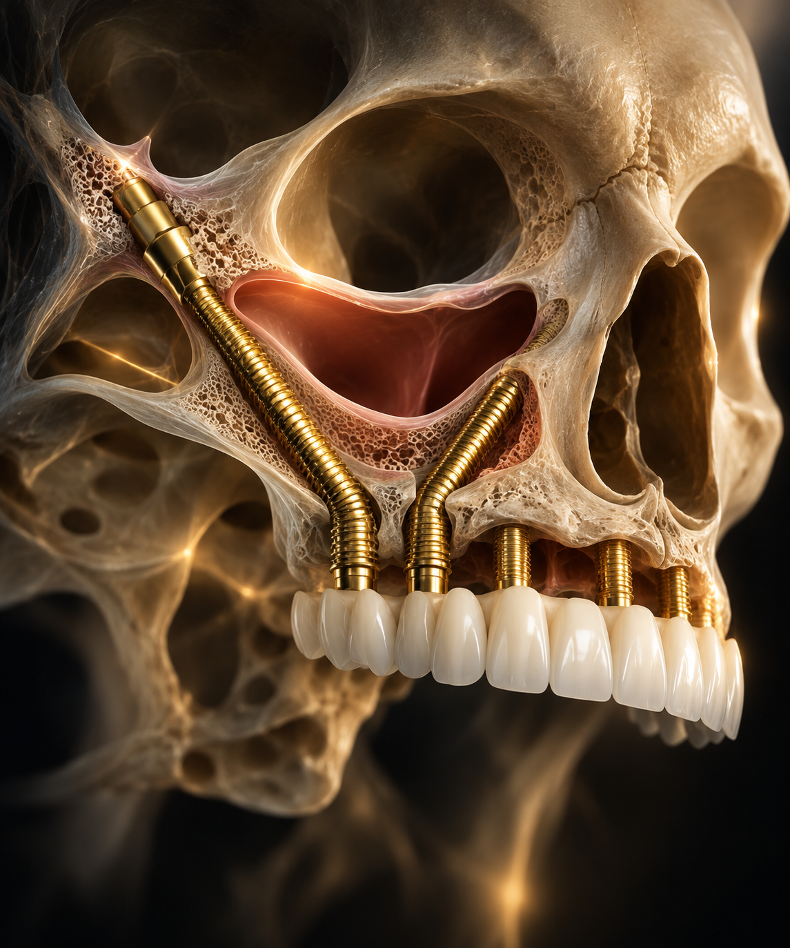Koncepcyjna wizualizacja 3D implantów zygomatycznych w górnej szczęce, pokazująca relację implantów do kości jarzmowej, zatoki szczękowej i odbudowy protetycznej.