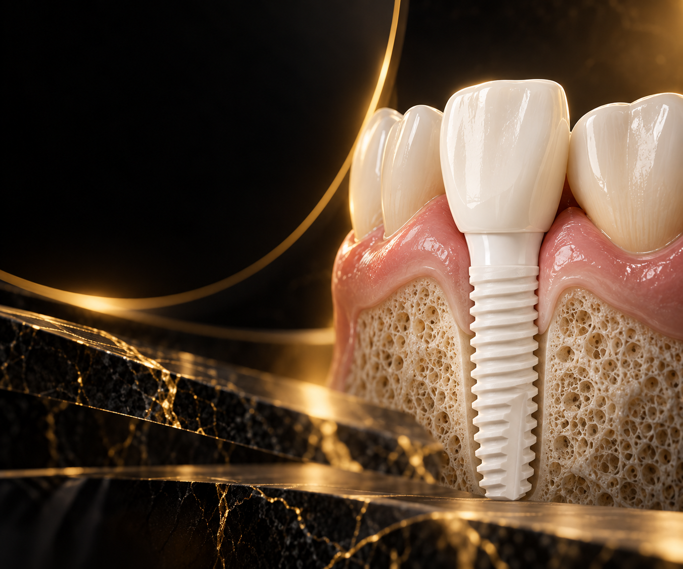 Biały implant cyrkonowy na eleganckim czarno-złotym tle, ilustrujący znaczenie koloru implantu w strefie estetycznej
