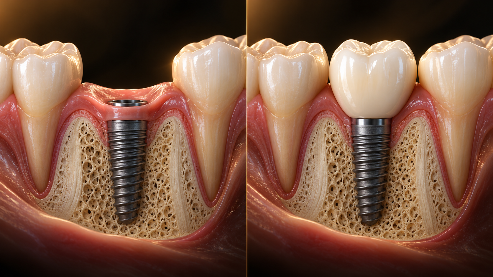Koncepcyjna grafika 3D pokazująca dwa etapy leczenia implantem dwufazowym: implant zintegrowany z kością oraz implant odbudowany koroną protetyczną.