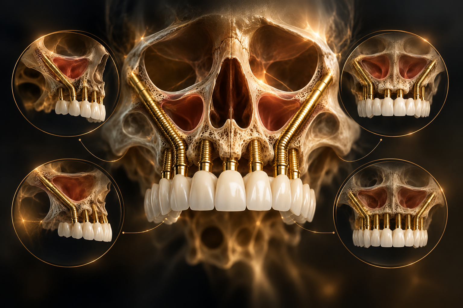 Koncepcyjna wizualizacja 3D pokazująca różne warianty leczenia implantami zygomatycznymi i klasycznymi w górnej szczęce.